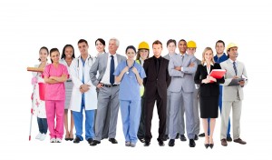 Smiling group of people with different jobs  against blood donation